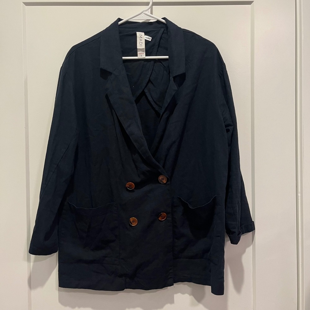 Amadi Anthropologie Black Linen Blend Double Breasted Blazer Jacket Made USA S